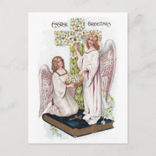 Easter Angels on Book with Cross Holiday Postcard
