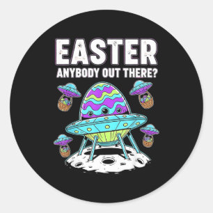 Easter Anybody Out There Funny Alien Pun Ufo Egg M Classic Round Sticker
