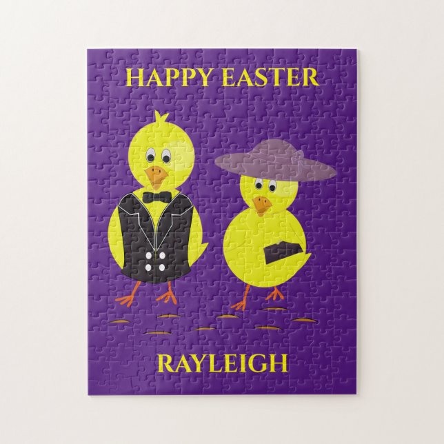 Easter baby chicks puzzle with personalised name. (Vertical)