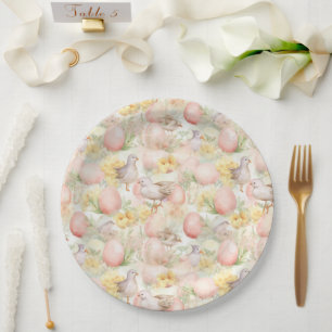 easter background with eggs, flowers and birds paper plate