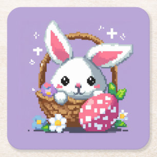 Easter basket Bunny 8 bit pixel art Square Paper Coaster