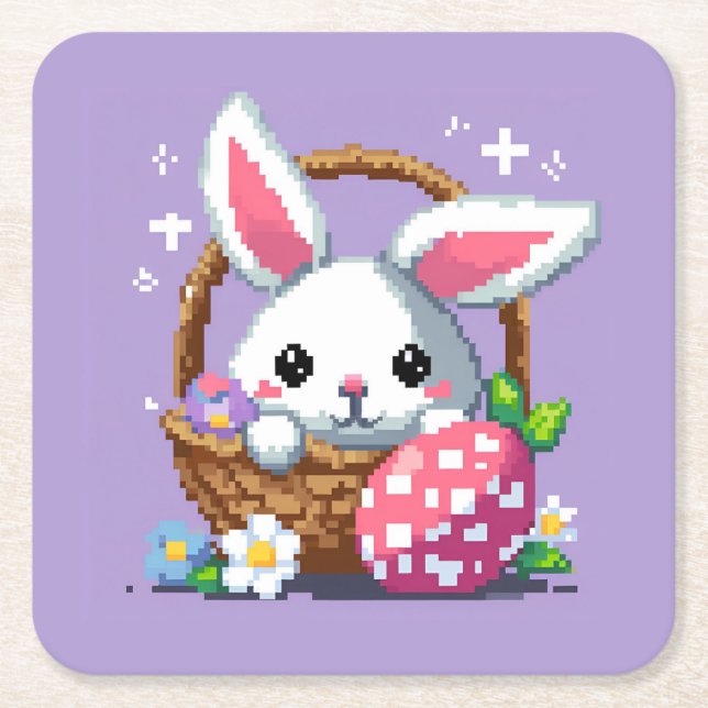 Easter basket Bunny 8 bit pixel art Square Paper Coaster (Front)
