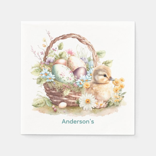 Easter Basket & Duckling Personalised Napkin (Front)