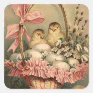 Easter Basket Egg Chick Pink Bow Forget Me Not Square Sticker