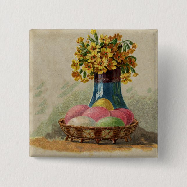 Easter Basket Eggs Flowers Antique 15 Cm Square Badge (Front)