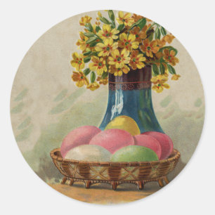Easter Basket Eggs Flowers Antique Classic Round Sticker