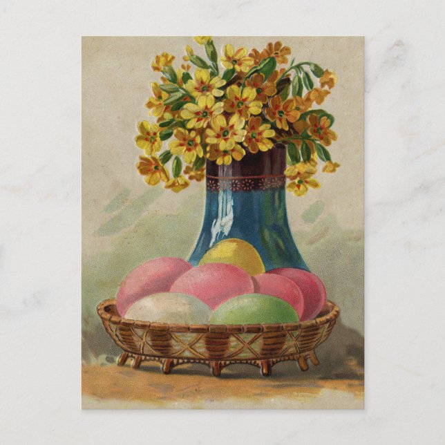 Easter Basket Eggs Flowers Antique Holiday Postcard (Front)