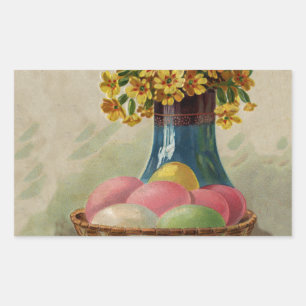 Easter Basket Eggs Flowers Antique Rectangular Sticker