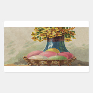 Easter Basket Eggs Flowers Antique Rectangular Sticker