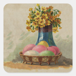 Easter Basket Eggs Flowers Antique Square Sticker