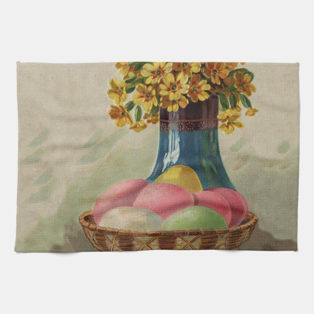 Easter Basket Eggs Flowers Antique Tea Towel (Horizontal)
