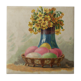 Easter Basket Eggs Flowers Antique Tile