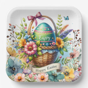 Easter Basket Eggs & Spring Flowers Paper Plate