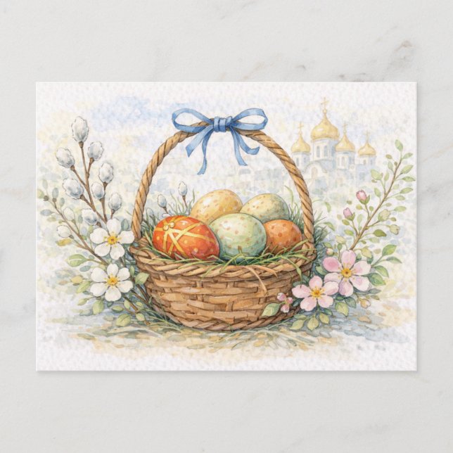 Easter Basket Painted Eggs Watercolor Postcard (Front)