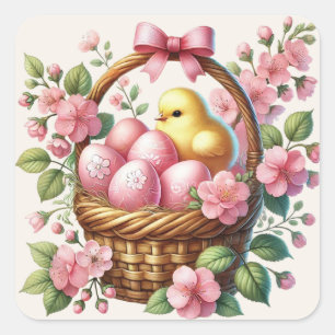 Easter Basket Pink Eggs Yellow Chick Square Sticker