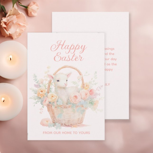 Easter Basket Pink Peach Lamb Floral Holiday Card (Lamb Easter greeting card)