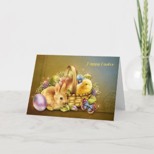 Easter Basket with Bunny and Chick Holiday Card