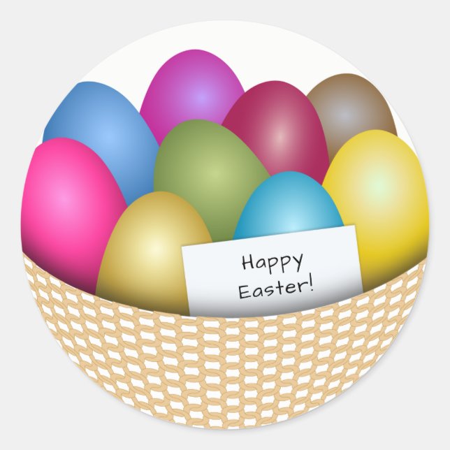 Easter Basket with Colourful Eggs Round Sticker (Front)
