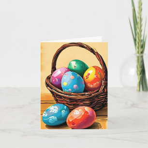 Easter Basket with Eggs on Yellow Background Holiday Card