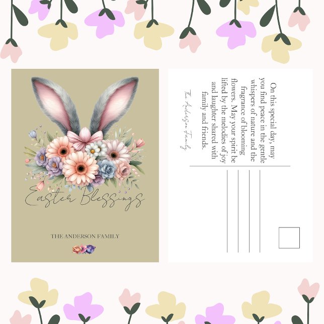Easter Beige Floral Bunny Rabbit Ears Family Name  Holiday Postcard (Creator Uploaded)
