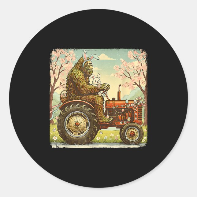 Easter bigfoot bunny tractor funny spring classic round sticker (Front)