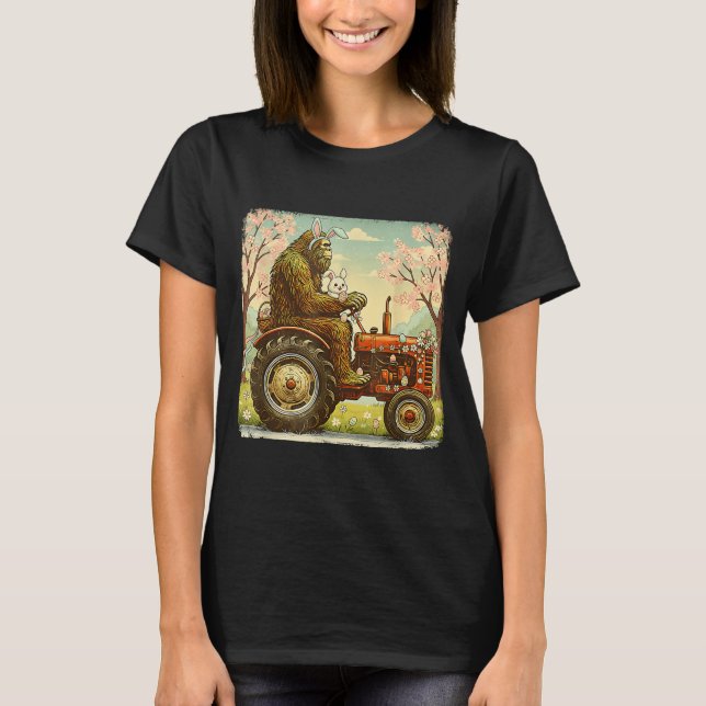 Easter bigfoot bunny tractor funny spring T-Shirt (Front)