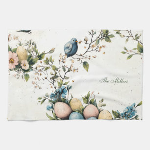 Easter Birds & Pastel Eggs Watercolor Floral Tea Towel