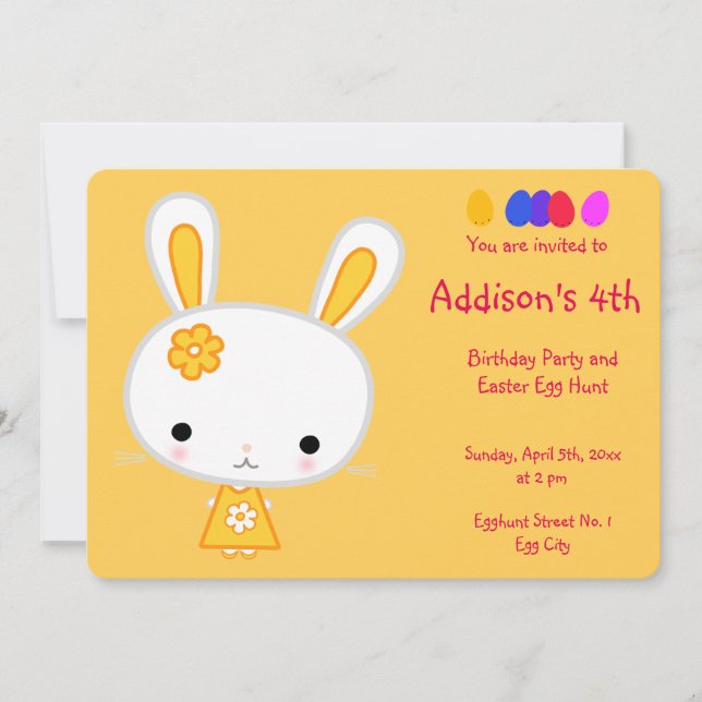 Easter Birthday Invitations Cute Yellow Bunny (Front)
