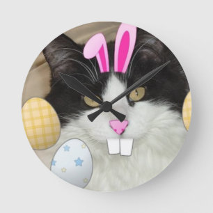 Easter Black and White Kitty Cat Round Clock