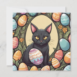 Easter Black Cat and Painted Eggs  Holiday Card