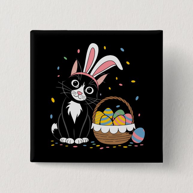 Easter Black Cat Tuxedo Rabbit Bunny Ears Eggs 15 Cm Square Badge (Front)