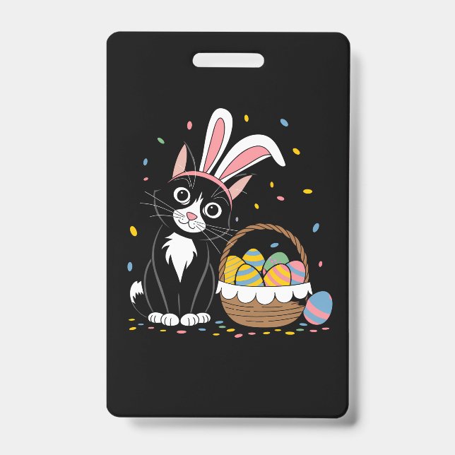 Easter Black Cat Tuxedo Rabbit Bunny Ears Eggs ID Badge (Front)
