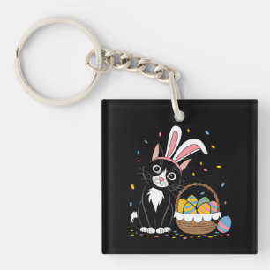Easter Black Cat Tuxedo Rabbit Bunny Ears Eggs Key Ring