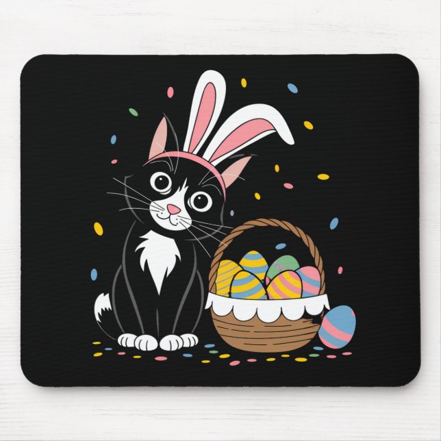 Easter Black Cat Tuxedo Rabbit Bunny Ears Eggs Mouse Mat (Front)