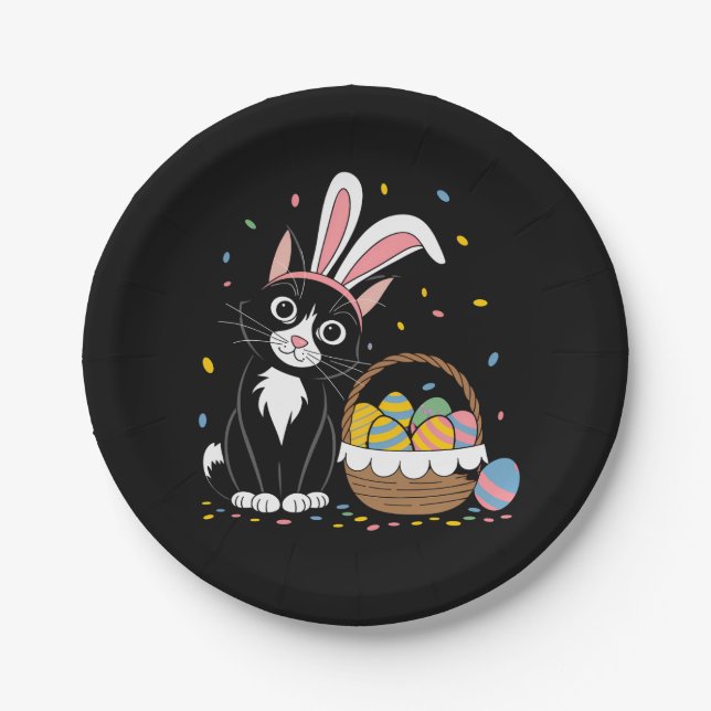 Easter Black Cat Tuxedo Rabbit Bunny Ears Eggs Paper Plate (Front)