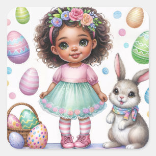 Easter Black Girl Watercolor Art Square Sticker