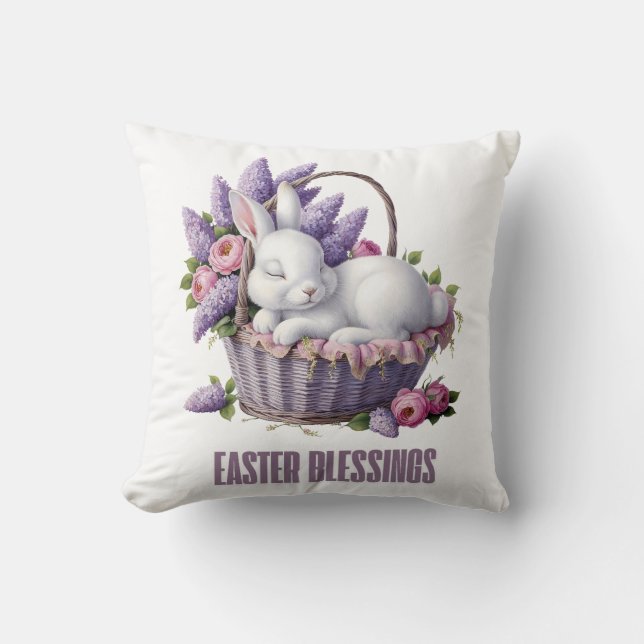 Easter Blessing – Bunny & Flower Basket Delight Cushion (Front)
