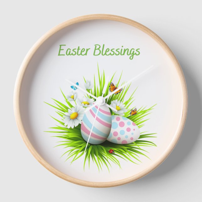 Easter Blessing Easter Egg Floral and Butterflies Clock (Front)