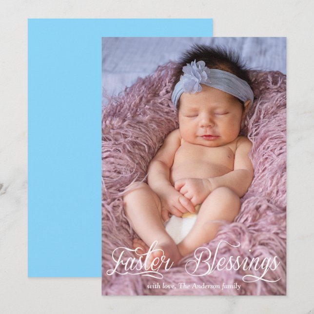 Easter Blessings Baby Boy Family Blue Photo Holiday Card (Front/Back)