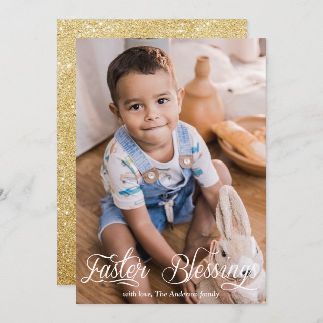 Easter Blessings Baby Family Gold Glitter Photo Holiday Card (Front/Back)