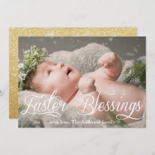 Easter Blessings Baby Family Gold Glitter Photo Holiday Card