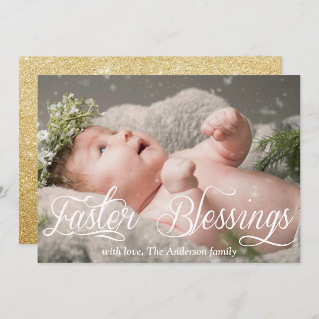 Easter Blessings Baby Family Gold Glitter Photo Holiday Card (Front/Back)