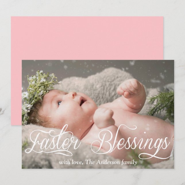 Easter Blessings Baby Family Pink Photo Holiday Card (Front/Back)