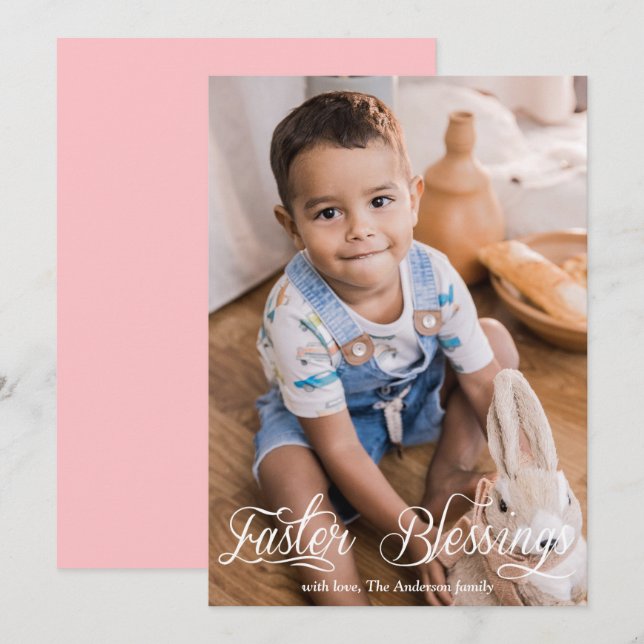 Easter Blessings Baby Girl Family Pink Photo Holiday Card (Front/Back)