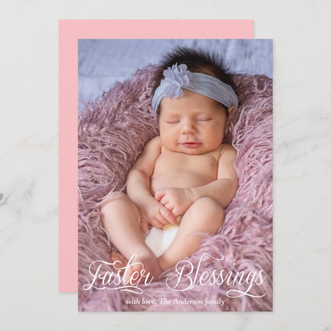Easter Blessings Baby Girl Family Pink Photo Holiday Card (Front/Back)