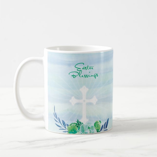 Easter Blessings Blue, Green, Flowers with Cross Coffee Mug (Left)