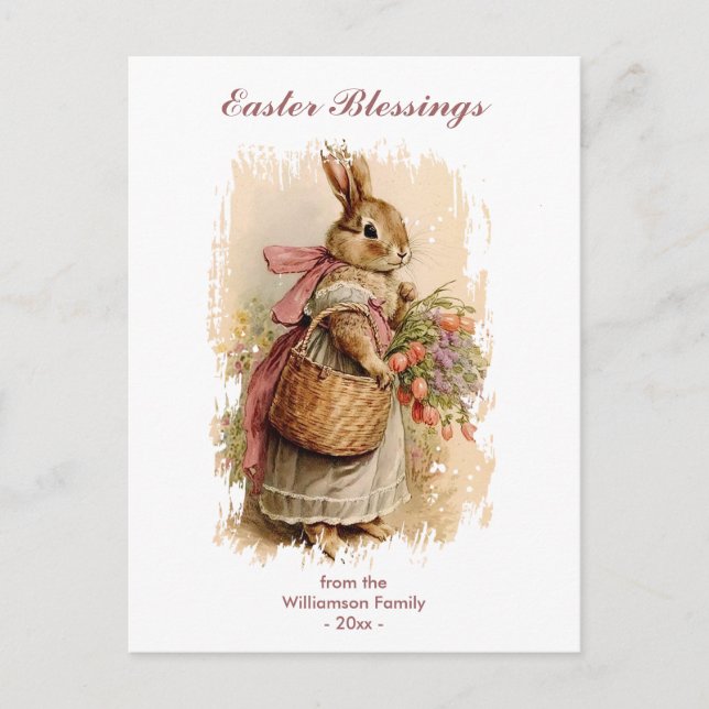 Easter Blessings Brown Vintage Bunny Personalised Holiday Postcard (Front)