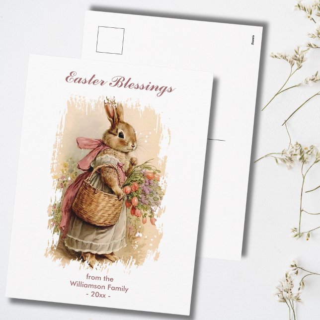 Easter Blessings Brown Vintage Bunny Personalised Holiday Postcard (Add family name and year to personalize.)