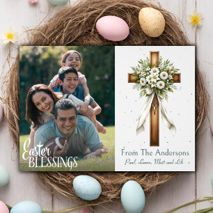 Easter Blessings Christian Cross Custom Photo Holiday Card