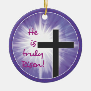 Easter Blessings Cross Starburst on Purple, Risen Ceramic Tree Decoration